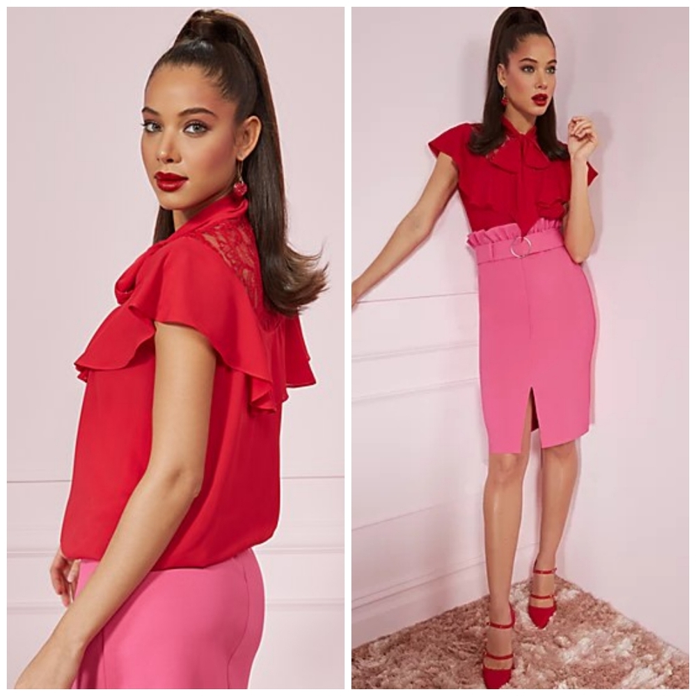 NY&CO | NWT TIE-FRONT LACE-YOKE RUFFLED TOP